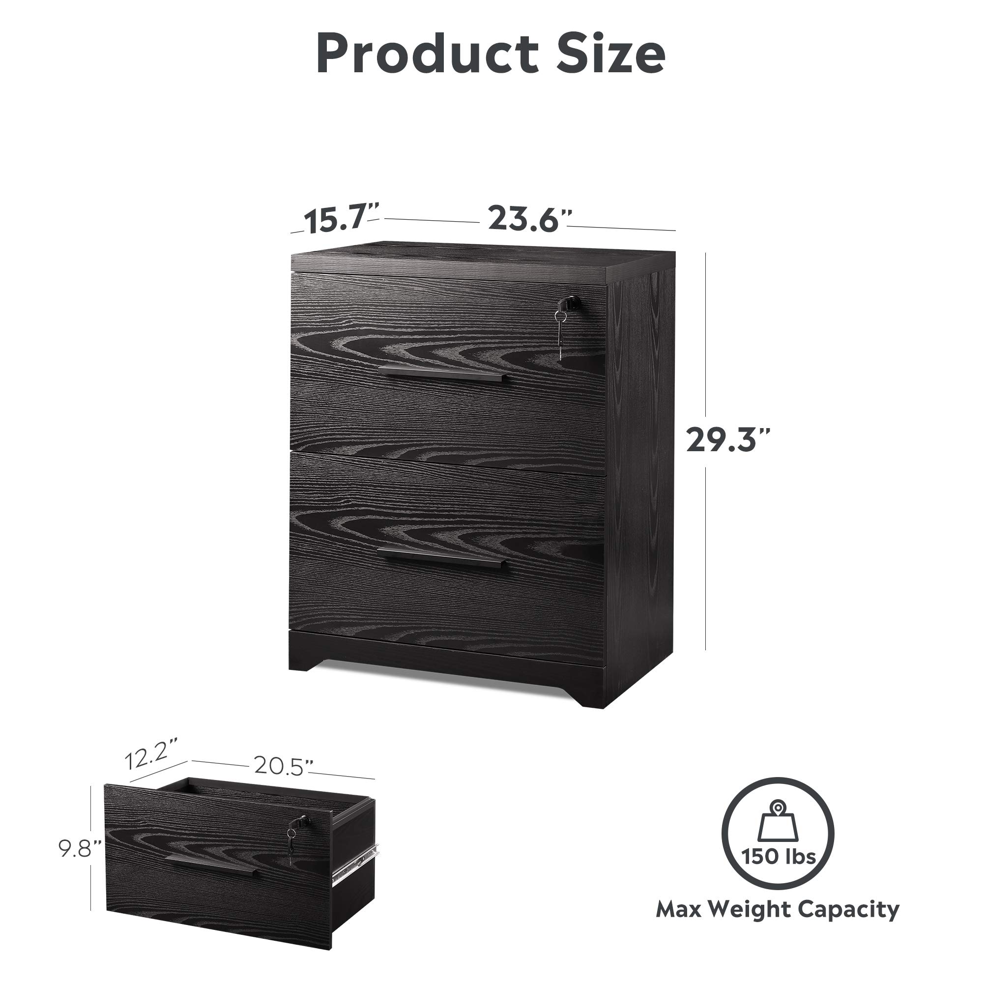 DEVAISE 2-Drawer Wood Lateral File Cabinet with Lock for Office Home, Black