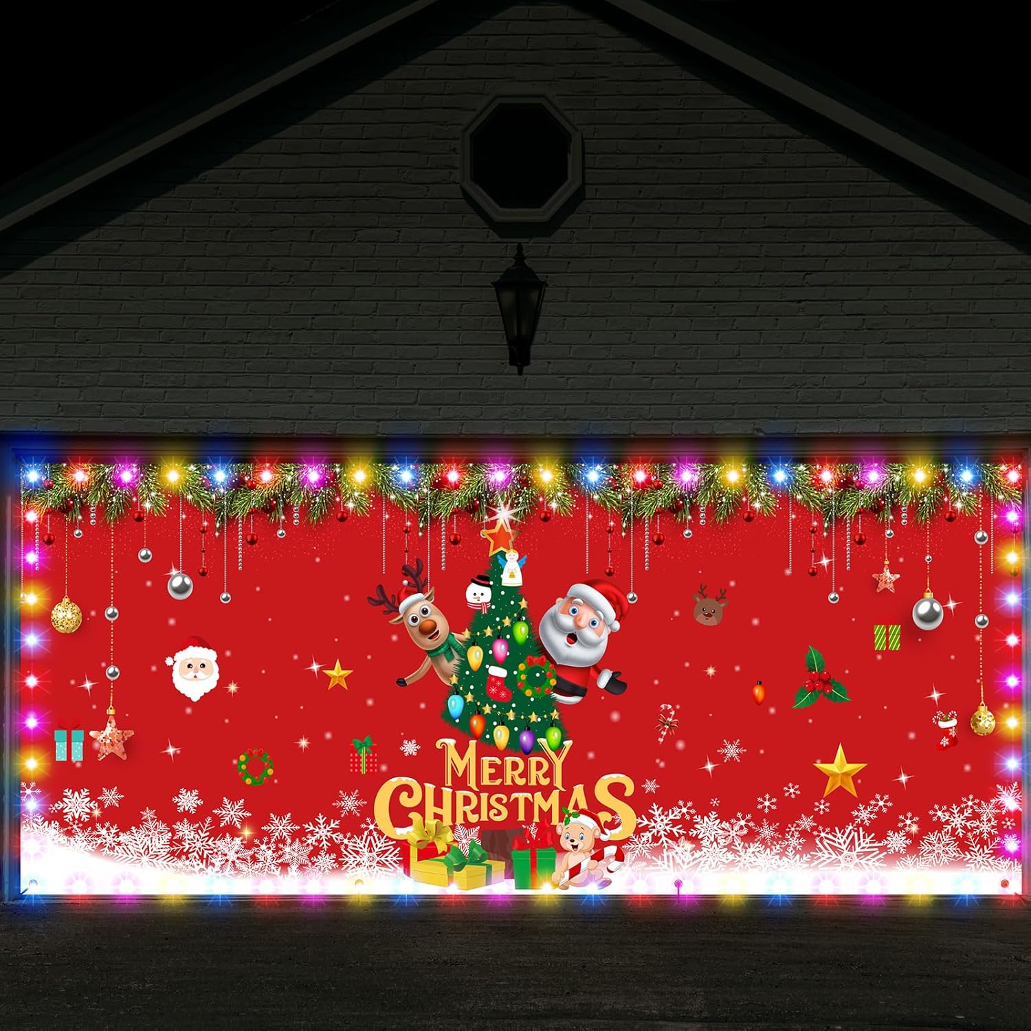 Garage Door Decorations - 7 x 16 ft Christmas Tree Garage Door Banner Large Christmas Backdrop Decoration with LED String Lights Christmas Door Decorations Holiday Vinyl Cover Garage Banner for Outdoor Christmas Garage Door