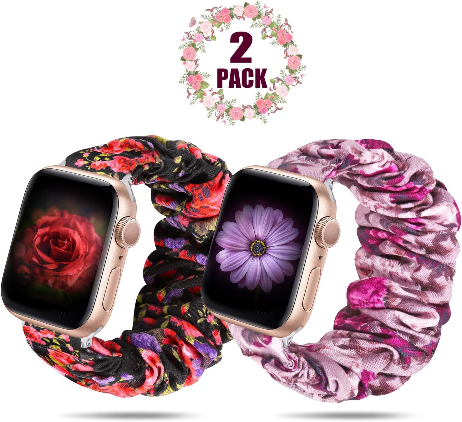 Huishang 2 Pack Scrunchie Watch Band Compatible for Apple Watch Band 38mm 42mm 40mm 44mm Women,Elastic Strap Compatible with iWatch Apple Watch Series 5 4 3 2 1 (Red Flower+Purple Flower, 38mm/40mm)