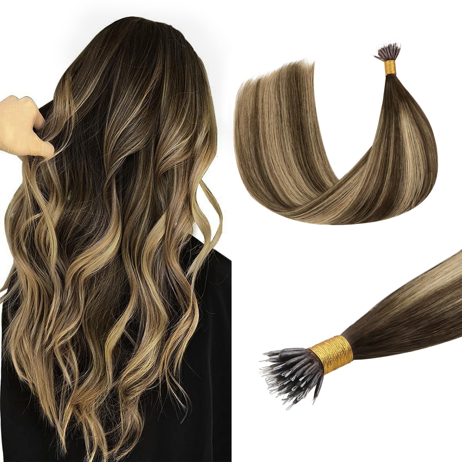 DOORES Nano Beads Hair Extensions, 22 Inch 50g 50s Chocolate Brown to Caramel Blonde, Invisible Remy Nano Ring Hair Extenisons Natural Full Head
