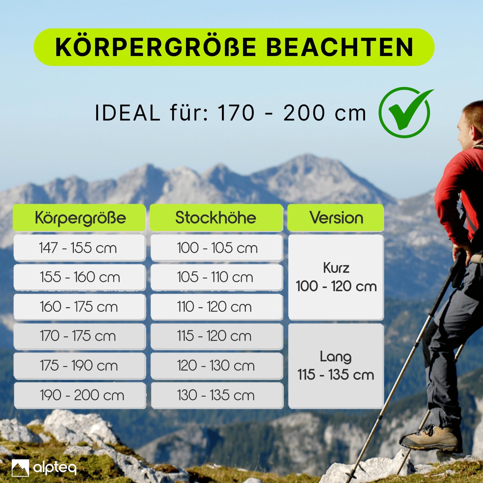Alpteq® Wanderstöcke faltbar Carbon mit Korkgriff | Bergsport Trekkingstöcke | Nordic Walking Stöcke Damen & Herren | extra leicht und Teleskop variabel (Carbon 115-135 cm | Lime Green) 8