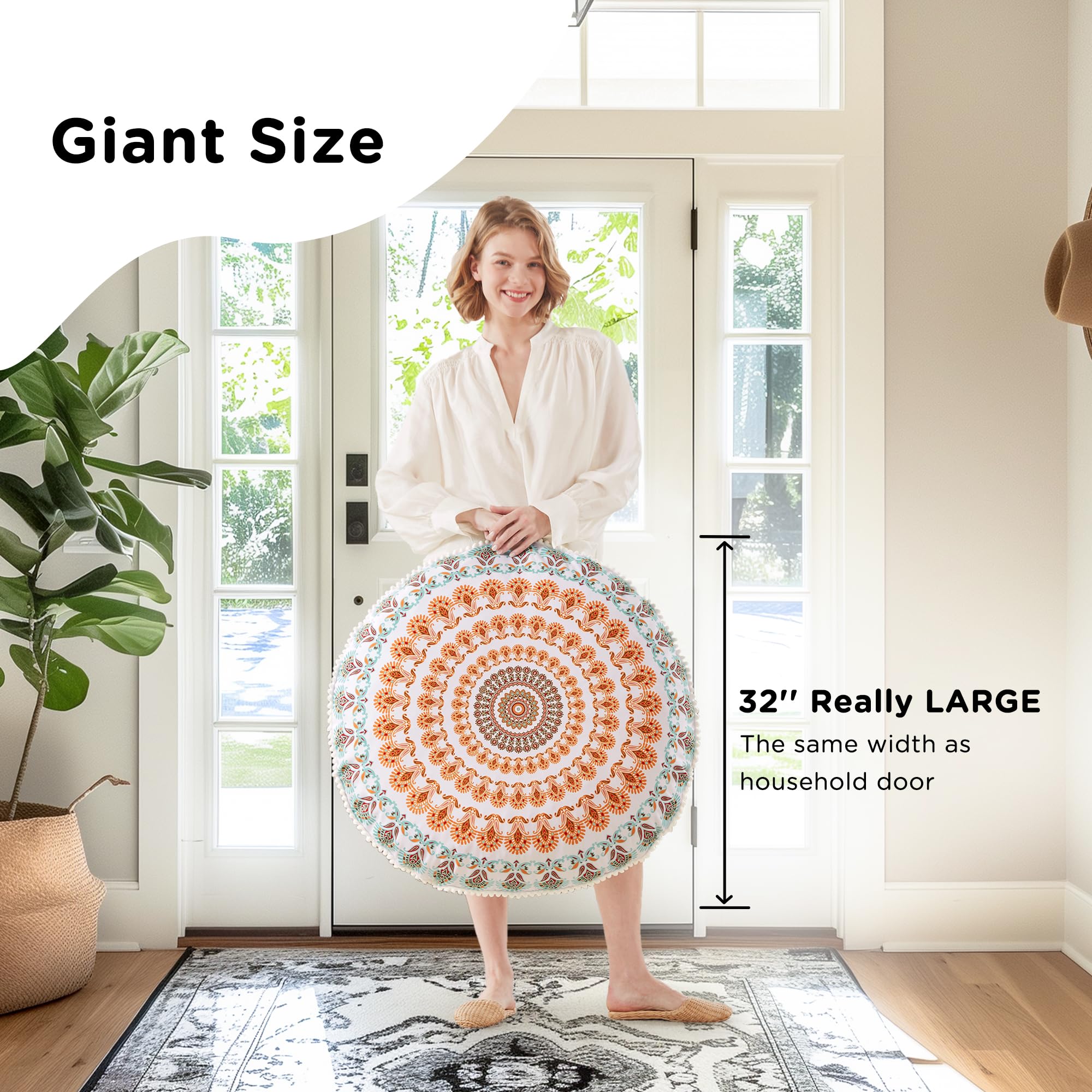 Codi Meditation Floor Pillow, Round Large Pillows Seating for Adults, Bohemian Mandala Circle Cushion for Outdoor Fireplace Yoga Living Room, 32 Inch, Memory Foam Added, Coral - Image 4