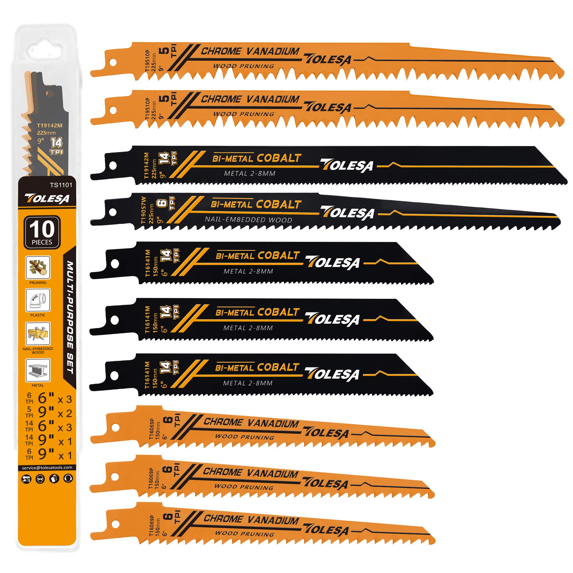 TOLESA 10 Pieces Reciprocating Saw Accessories for Wood Pruning PVC Cutting Bi-metal Reciprocating Saw Accessories for Window Door Demolition