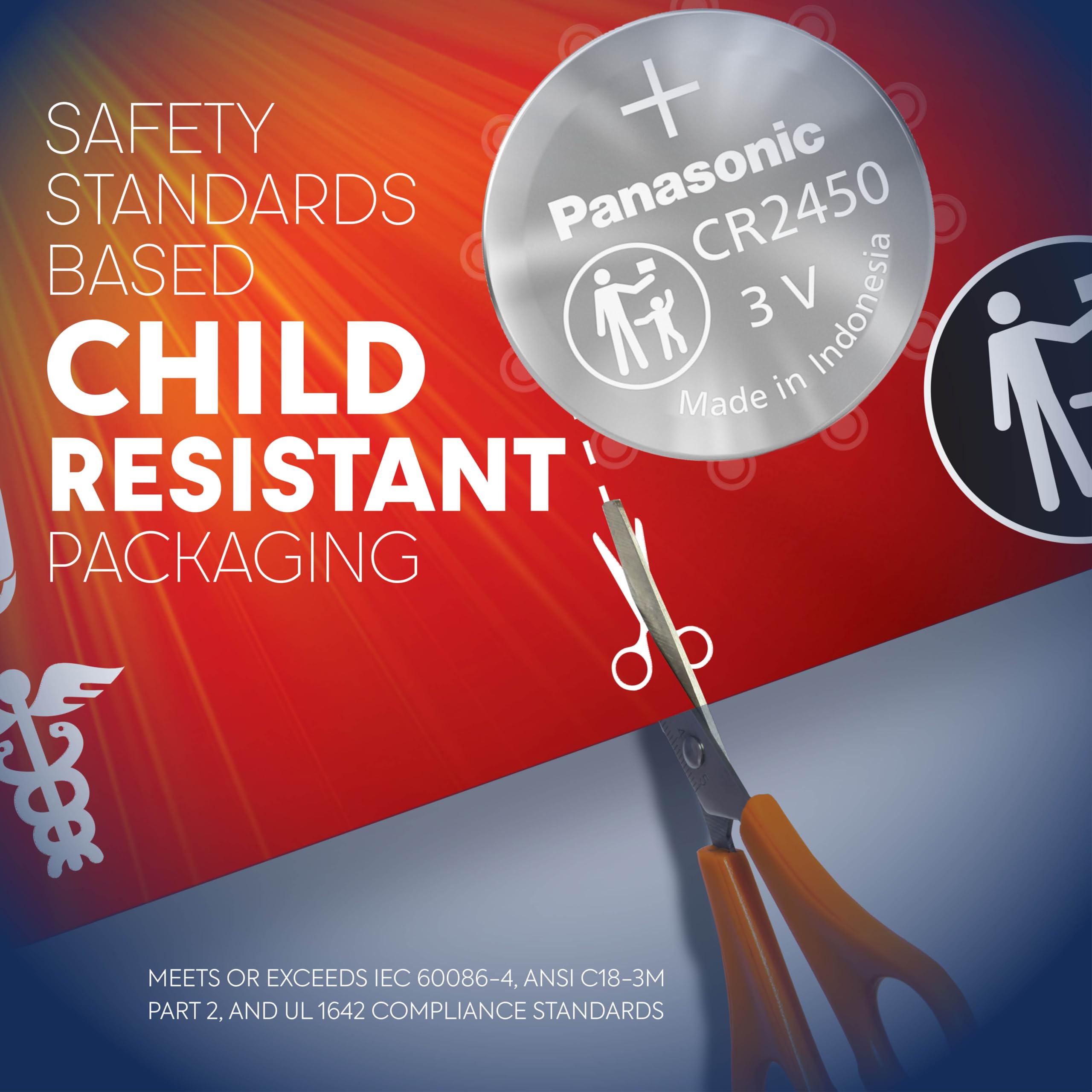 Panasonic CR2450 3.0 Volt Long Lasting Lithium Coin Cell Batteries in Child Resistant, Standards Based Packaging, 4-Battery Pack