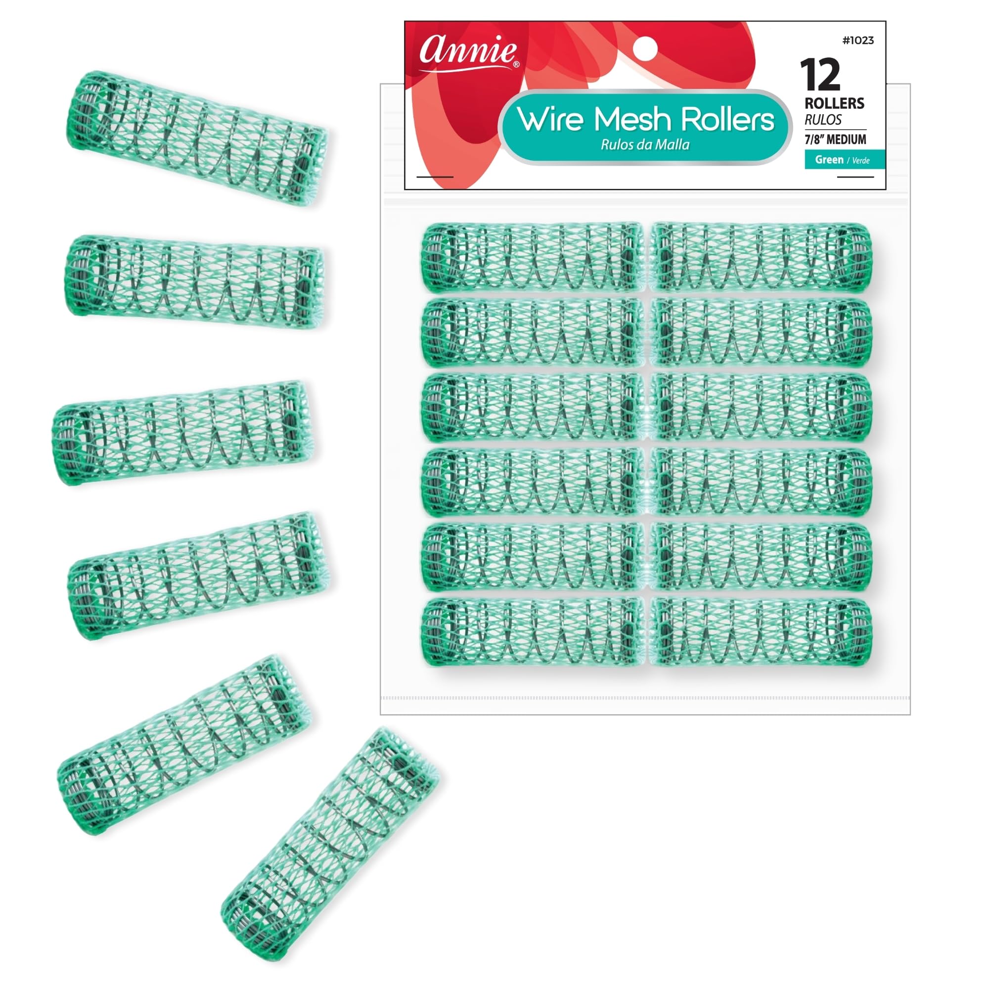 Annie Wire Mesh Rollers – Medium 7/8 Inch Hair Curlers for Defined Curls & Waves, Heatless Styling Tools for All Hair Types – 12 Count (Green)