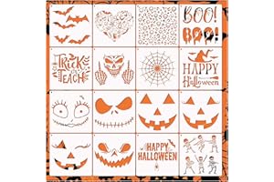 YHSLMH Halloween Stencils for Painting on Wood Craft Large Reusable Boo Skeleton Pumpkin Spider Web Boo Trick or Treat Paint Stencils for Door Hanger Wall Holiday (16 Face 7.9in)