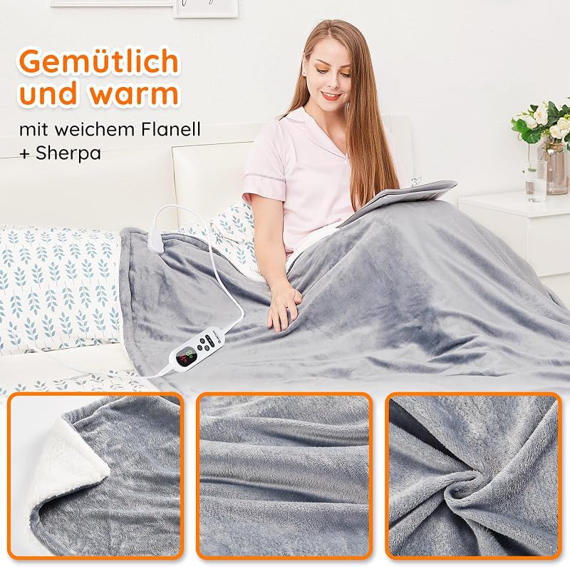 Heizdecke mit Abschaltautomatik, 10 Heizstufen Up-to-9 Stunden Auto-Off-Timer Überhitzungsschutz, Elektrische Wärmedecke Bett Wärme Decke ETL-Zertifiziert für Home & Office Flanell Waschbar