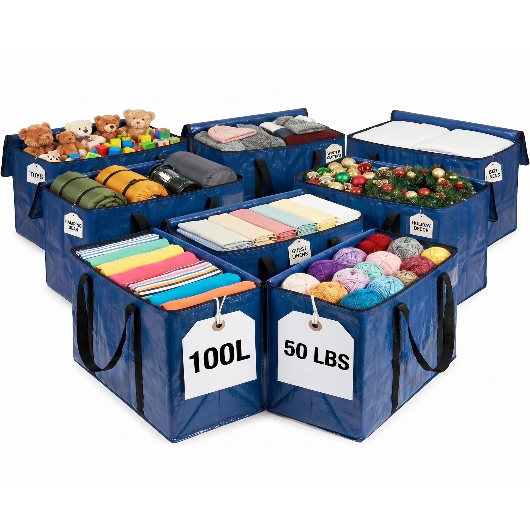 ClearSpace Heavy Duty Moving Bags - Water Resistant Storage Bags with Backpack Straps, Zippers and Handles - Large Moving Boxes for College Dorm, Travel, Closet Organization - 8 Pack, Blue