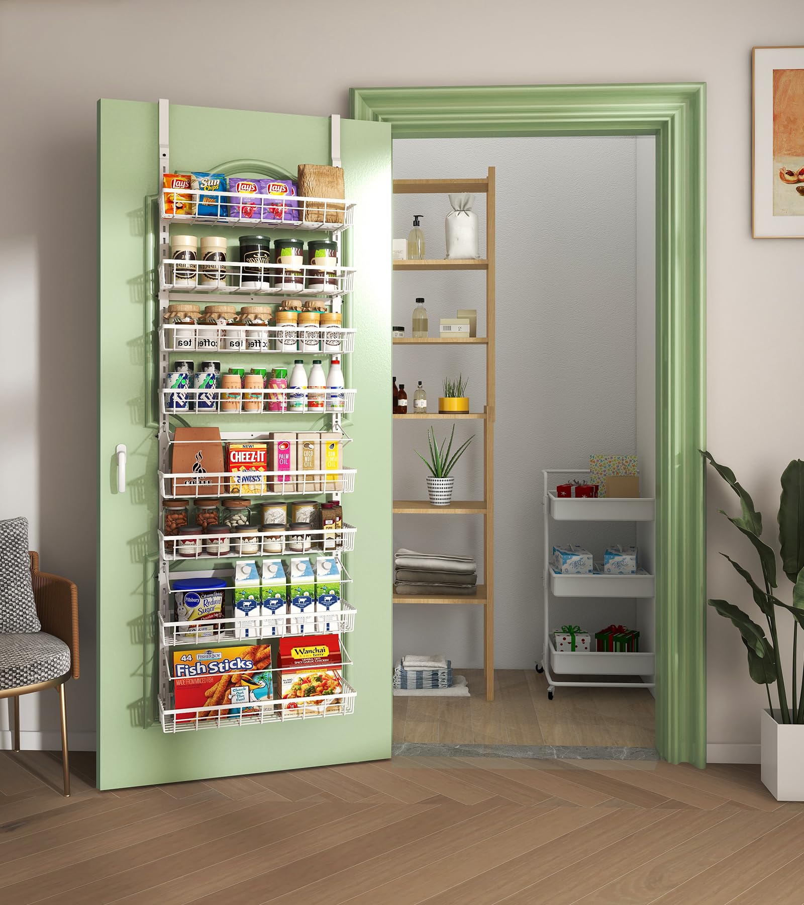 Mefirt Over The Door Pantry Organizer, Wall Mount Spice Rack, Pantry Hanging Storage and Organization, 8 Adjustable Baskets Heavy-Duty Metal for Home & Kitchen, Back of Door Seasoning Rack - White