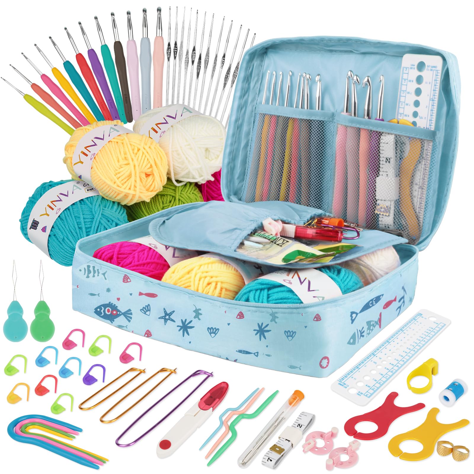 YINVA Crochet Kits Crochet Hooks Set for Beginners Adults Knitting Kit Ergonomic Metal Crochet Hooks 0.6mm-8mm Knitting Accessories Tools Crochet Wool Yarn Storage Case Needles Starter Kit-Blue