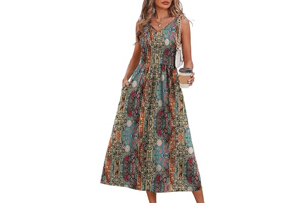 OFEEFAN Summer Dresses for Women 2026 Flowy Casual Midi Dress V Neck Beach Vacation Sundresses with Pockets