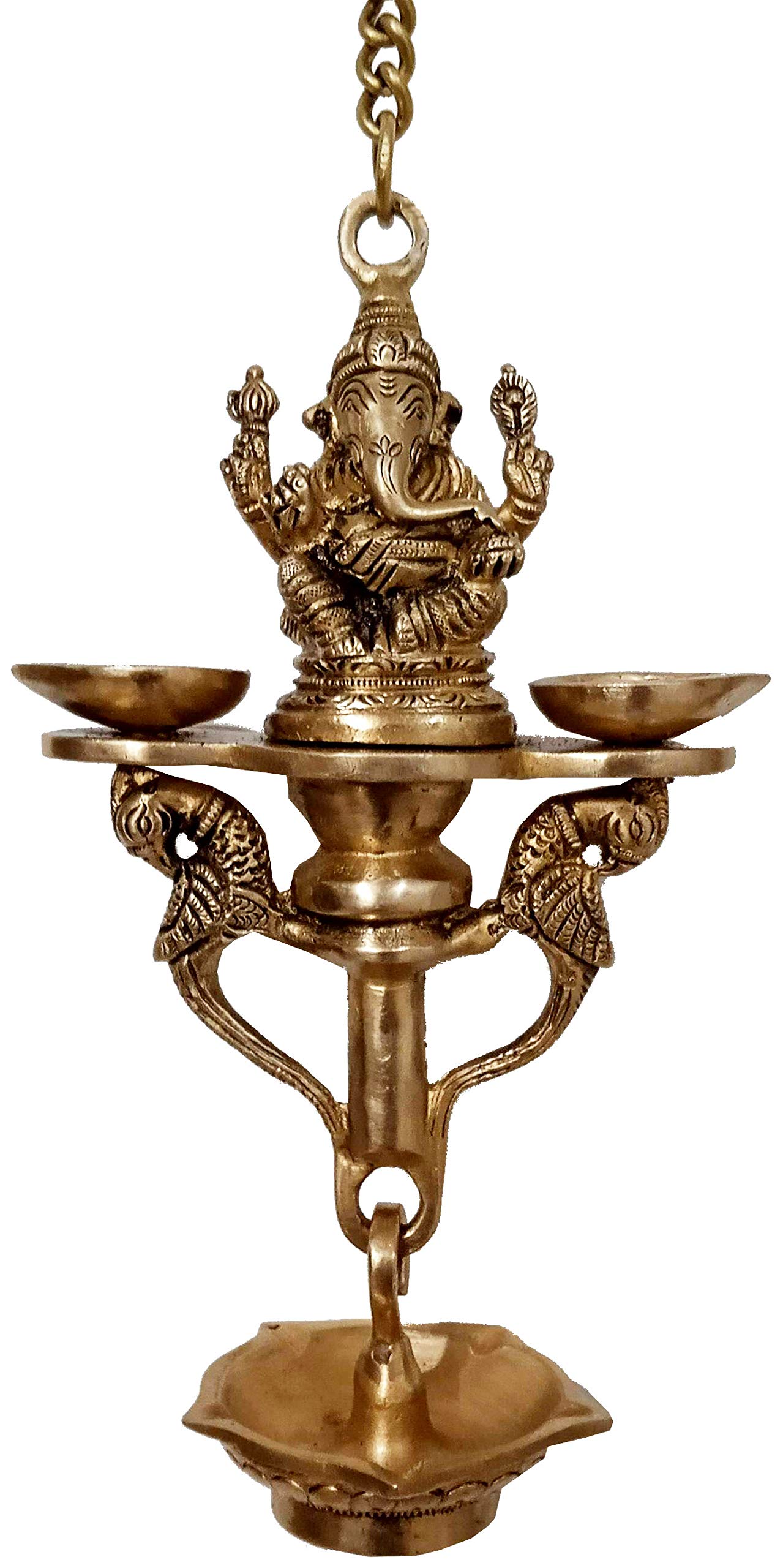 Purpledip Brass Ganesha Nila Vilakku 7-batti Hanging Diya: Peacocks Design Majestic Oil Lamp Deepak (12253)