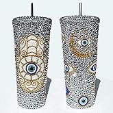 SlowVibes Handmade Evil Eyes Rhinestone Tumbler With Lid & Straw,24oz Stainless Steel Glitter Turkish Eye Coffee Cup,Reusable Bling Water Bottle For Hot & Cold Drinks,Sparkle Evil Eye Gifts For Women