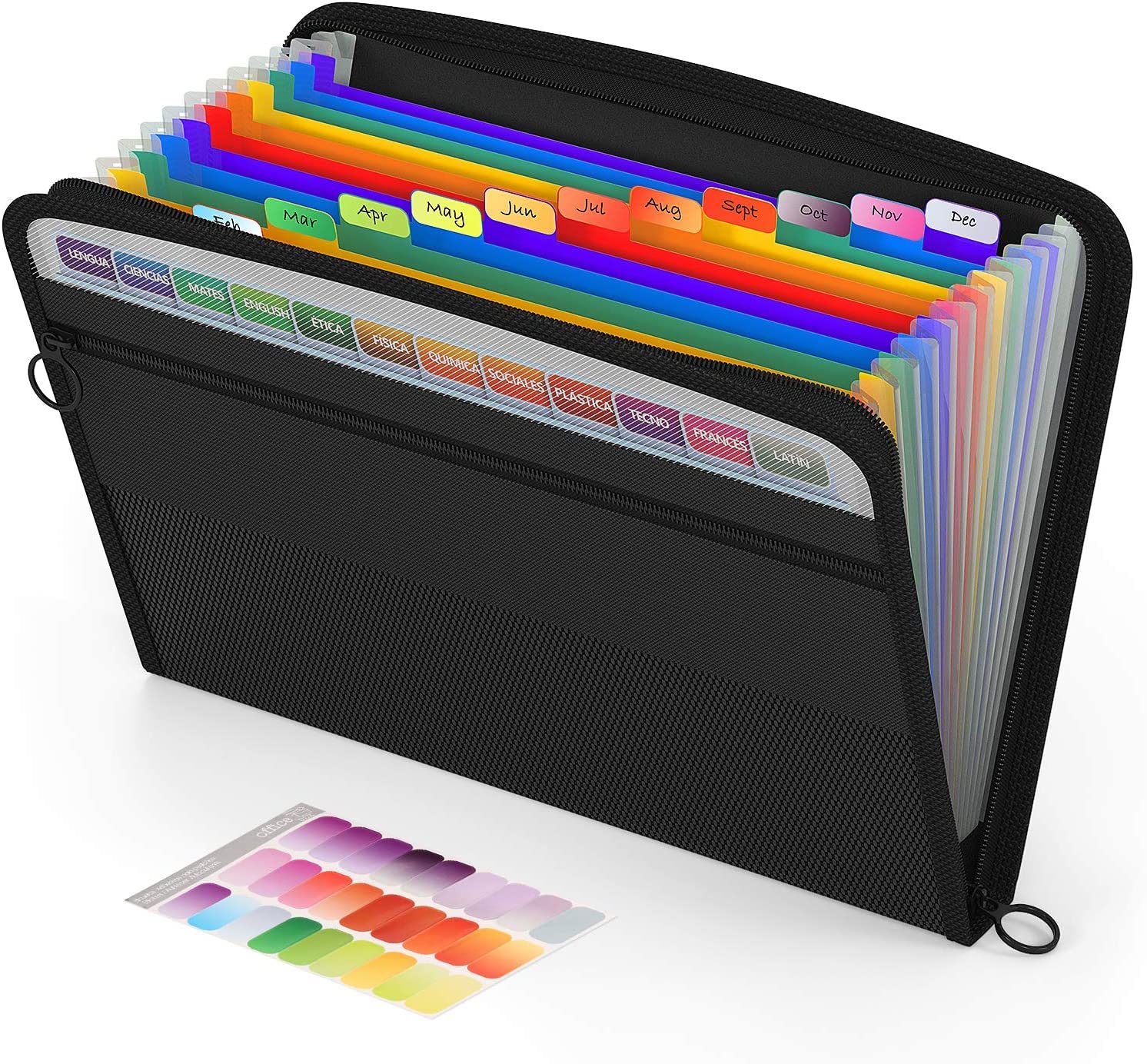 ABC life Expanding File Organiser with Mesh Bag/Zipper Closure,13 Pockets A4 Rainbow Accordion File Folder Document Organiser Expanding File Folder,Expandable Folder Organiser Box File Wallet, Black