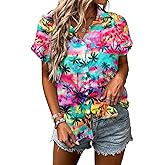 Women Hawaiian Shirt Soft Cool Summer Hawaii Tshirts Beach Tropic Print V Neck Button up Tops Floral Short Sleeve Tops