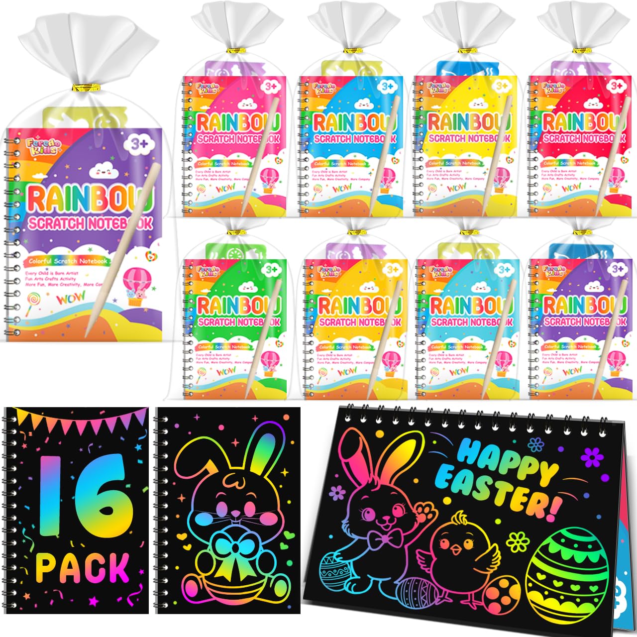 FEREDO KIDS Scratch Art Party Favors for Kids: 16 Pack Rainbow Scratch Art Notebook, Easter Basket Stuffers, Coloring Books Goodie Bags Stuffers for Kid, Bulk Classroom Birthday Gifts for Student
