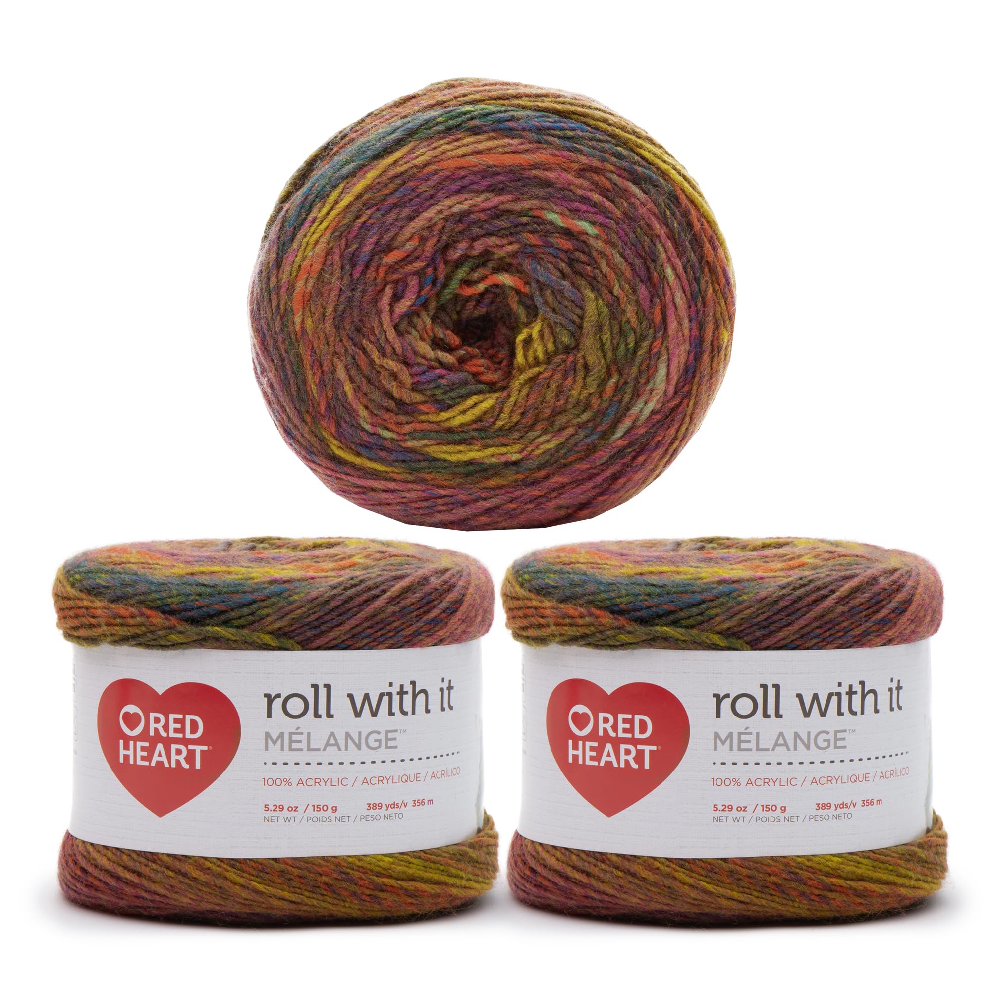 Red Heart Roll with It Melange Curtain Call Yarn - 3 Pack of 150g/5.3oz - Acrylic - 4 Medium (Worsted) - 389 Yards - Knitting/Crochet