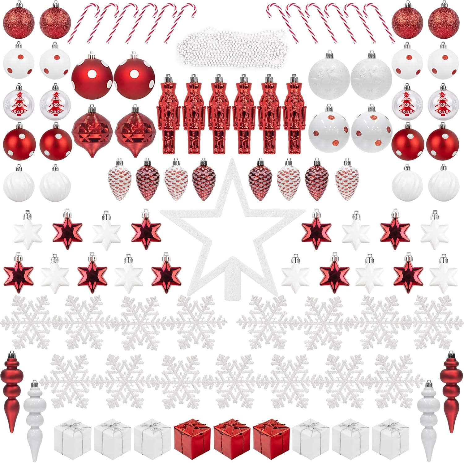 Tree Toppers - ITART 105pcs Christmas Tree Ornaments Decorations Assortment Red and White Including Tree Topper Balls Candy Cane Snowflakes Stars Pine Cones Nutcracker Figurines Bead Garland for Christmas Tree Decor