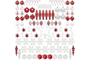 ITART 105pcs Christmas Tree Ornaments Decorations Assortment Red and White Including Tree Topper Balls Candy Cane Snowflakes Stars Pine Cones Nutcracker Figurines Bead Garland for Christmas Tree Decor