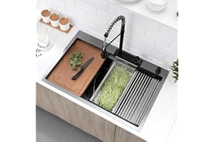 Gunmetal Black Waterfall Kitchen Sink Workstation, BoomHoze 33x22 Drop in Kitchen Sink with Waterfall Faucet Combo 16 Gauge Black Stainless Steel Single Bowl Topmount Multifunction Kitchen Sink