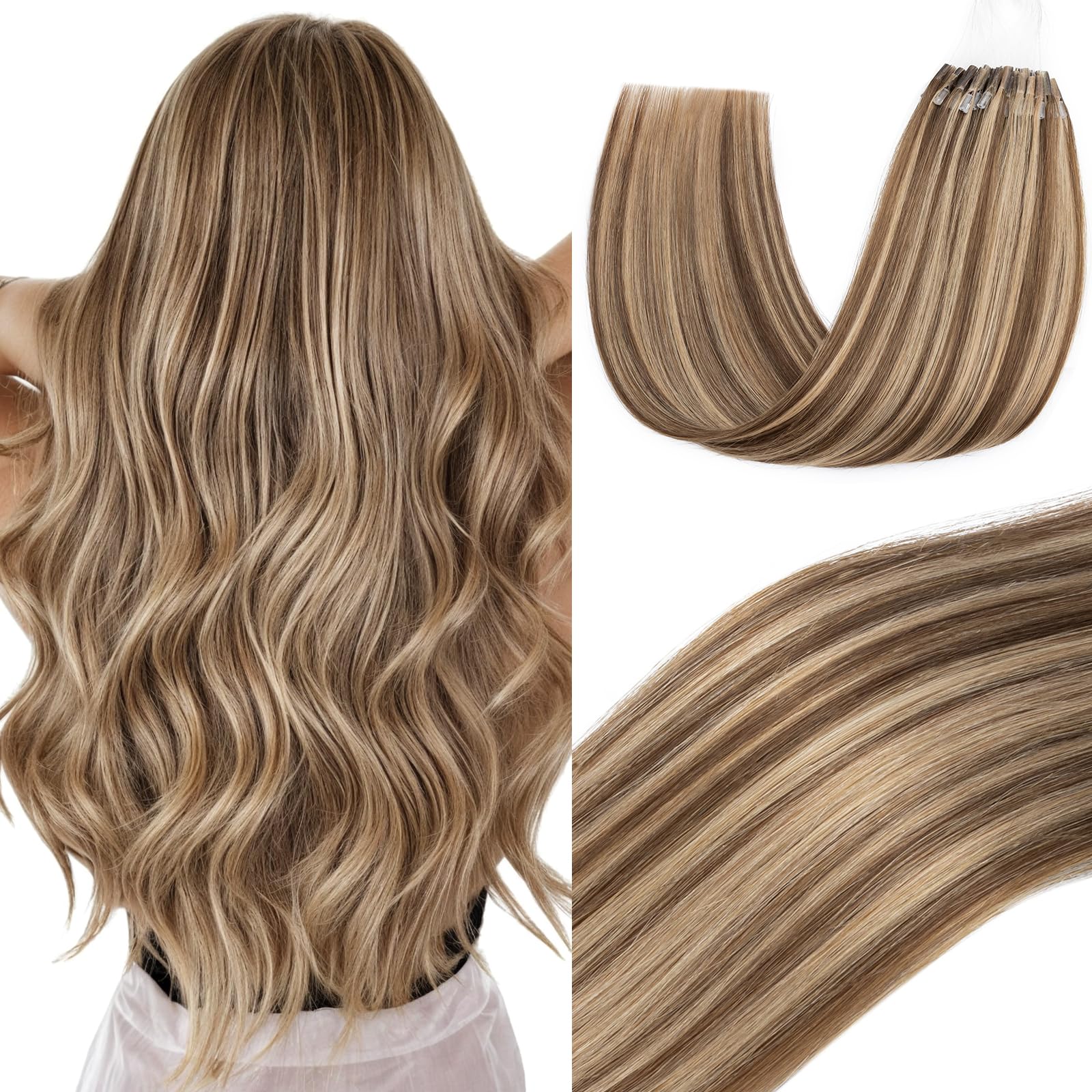 Photo 1 of Elailite K Tip Hair Extensions Human Hair Real Remy Hair Medium Brown & Dark Blonde 22 Inch U Tip Ktip Utip Keratin Bond Hot Fusion Pre Bonded Hair Extensions for Women 50G 50Strands
