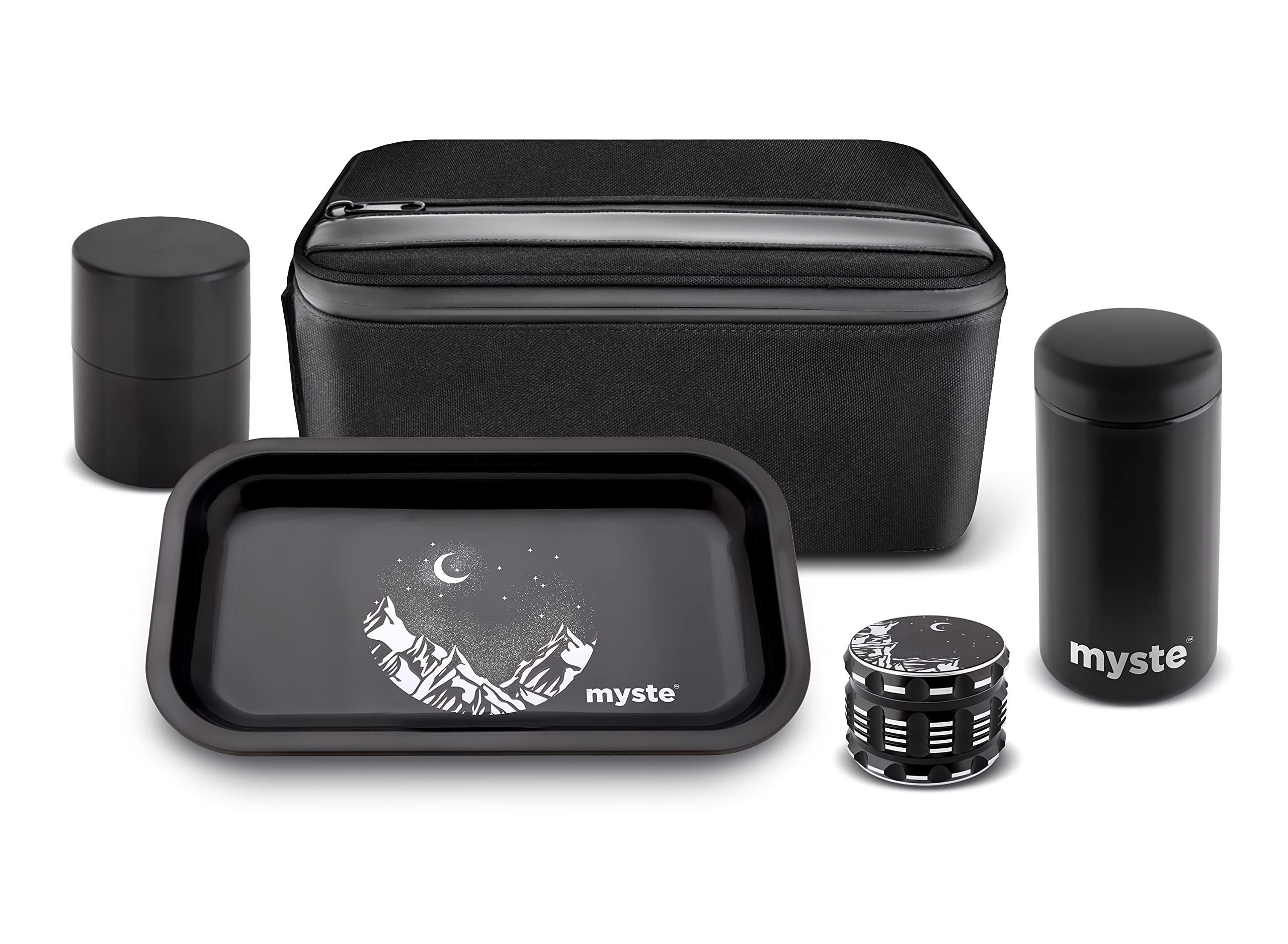 MYSTE XXXL Stash Box with Accessories, Big Grinder 63 mm, 500ml Glass Jar, Smell Proof Combo Set, Stashbox Combo Kit Lockable Large Rolling Tray Set with Lock, with Herb Grinder