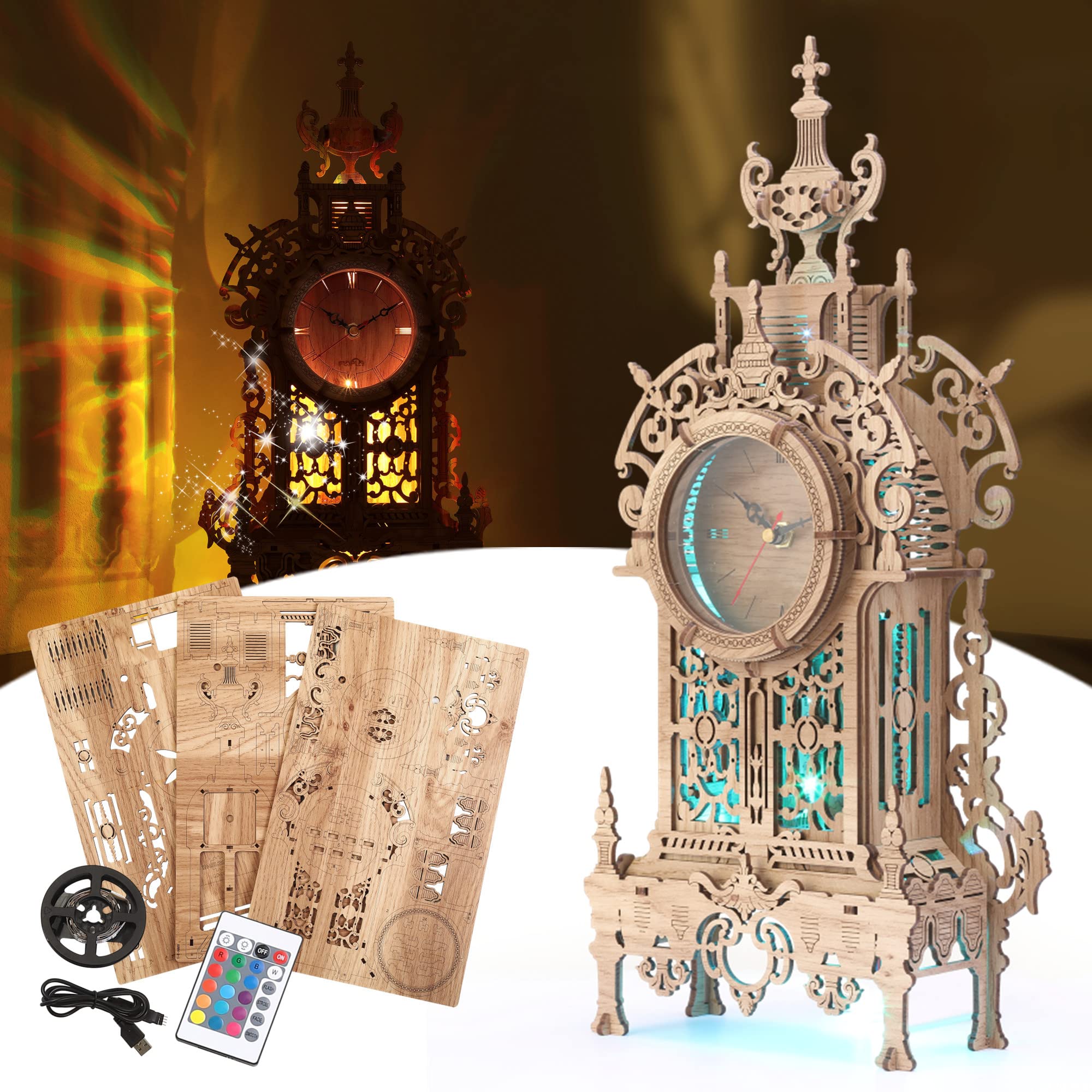 FUNPOLA LED 3D Wooden Puzzles for Adults Tower Clock - Wooden Kit for Adults to Build - 3D Puzzle Building Model Desktop Clock Model (LED-WTC01 Wood)