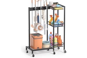 Broom Holder with Cleaning Supplies Organizer, Broom Closet Storage Cabinet with Cleaniing Caddy, Cleaning Cart with Mop Hang