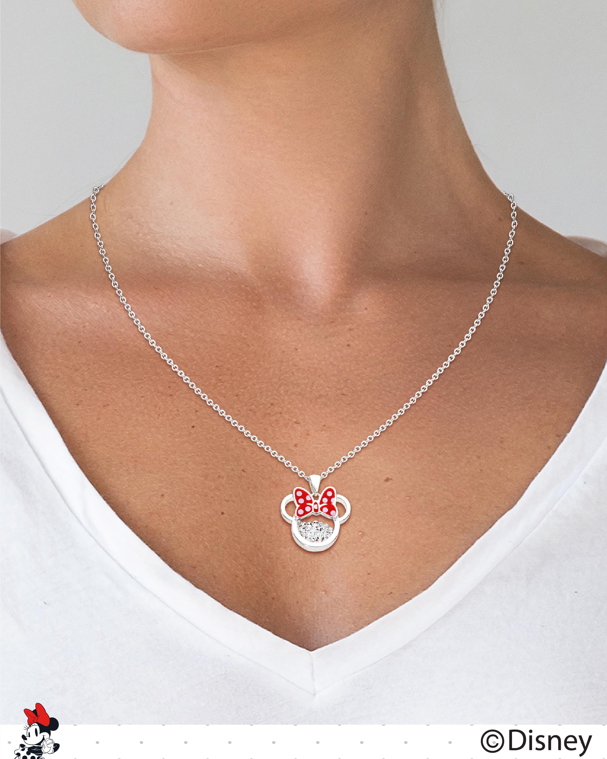 Disney Birthstone Women Jewelry Minnie Mouse Silver Plated April Clear Cubic Zirconia Shaker Pendant Necklace, 18+2