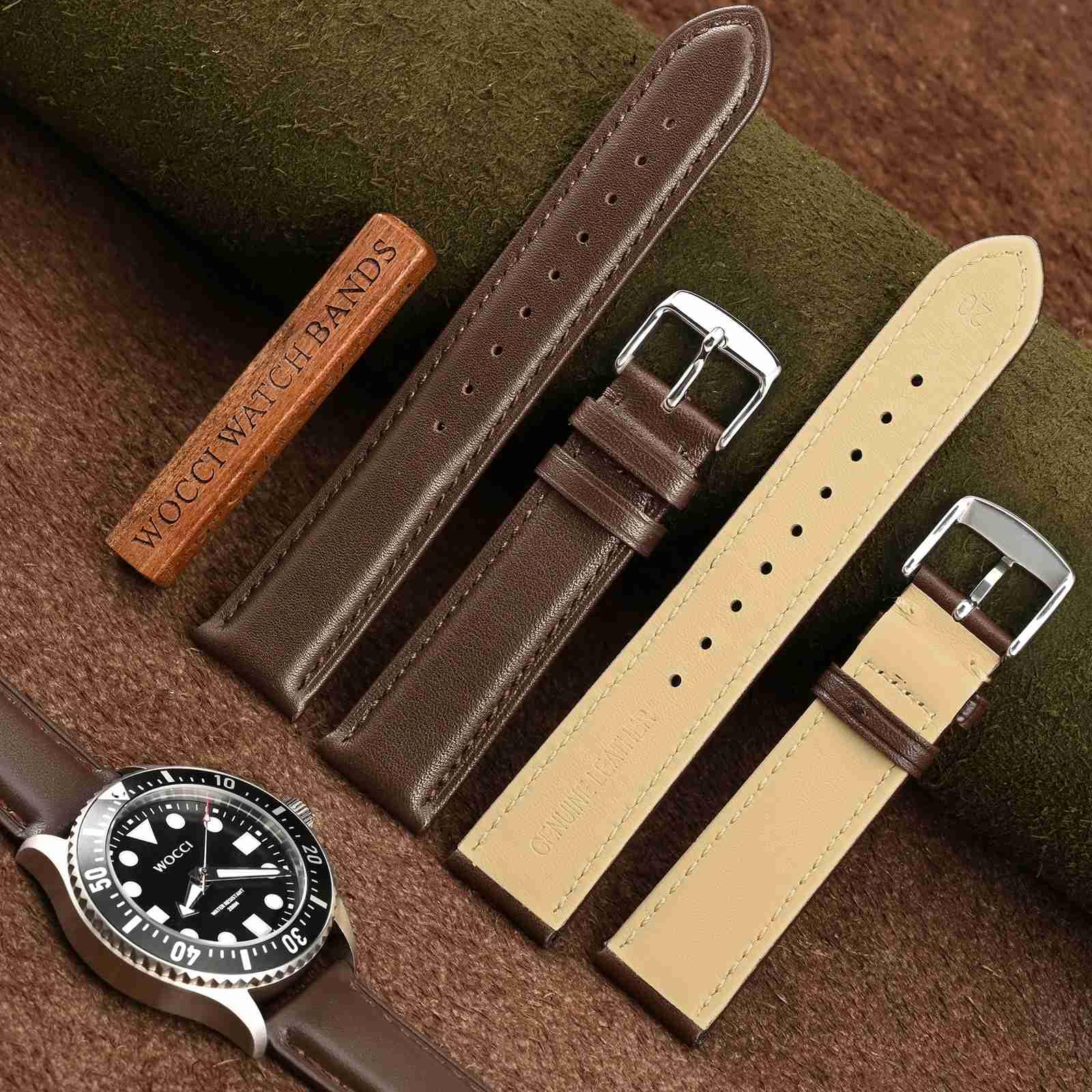 WOCCI 20mm Vintage Leather Watch Band for Men and Women, Silver Buckle (Dark Brown)