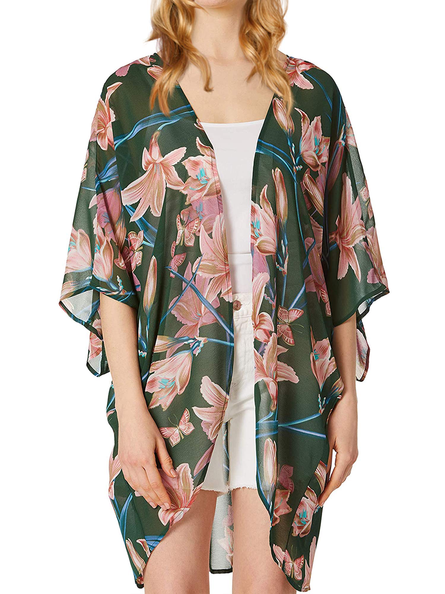 Moss Rose Women's Summer Floral Print Solid Beach Swimsuit Kimono Cardigans Chiffon Casual Loose Open Front Cover Ups Tops