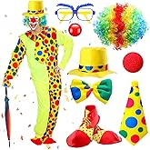 Haull 7 Pcs Halloween Clown Costume Includes Costume Nose Shoes Hat Wig Gloves Bow Tie for Adults Carnival Cosplay Birthday
