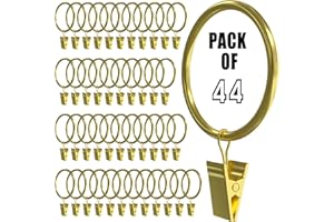 Homyplaza 44 Pack Gold Curtain Rings with Clips, Curtain Hooks for Hanging, Heavy Duty Drapery Rings, Polish Rustproof Curtain Clips Hangers for Drapes, 1.26" Interior Diameter, Fits up to 1" Rods