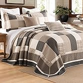 DDUOXIN Queen Bedspread 102" W x120 L - 100% Cotton Lightweight Oversized Quilt with 2 Pillow Shams, Farmhouse Plaid Reversible Bedspreads Coverlet Set, Brown/Beige/Oatmeal