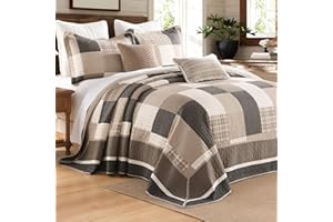 DDUOXIN Queen Bedspread 102" W x120 L - 100% Cotton Lightweight Oversized Quilt with 2 Pillow Shams, Farmhouse Plaid Reversible Bedspreads Coverlet Set, Brown/Beige/Oatmeal