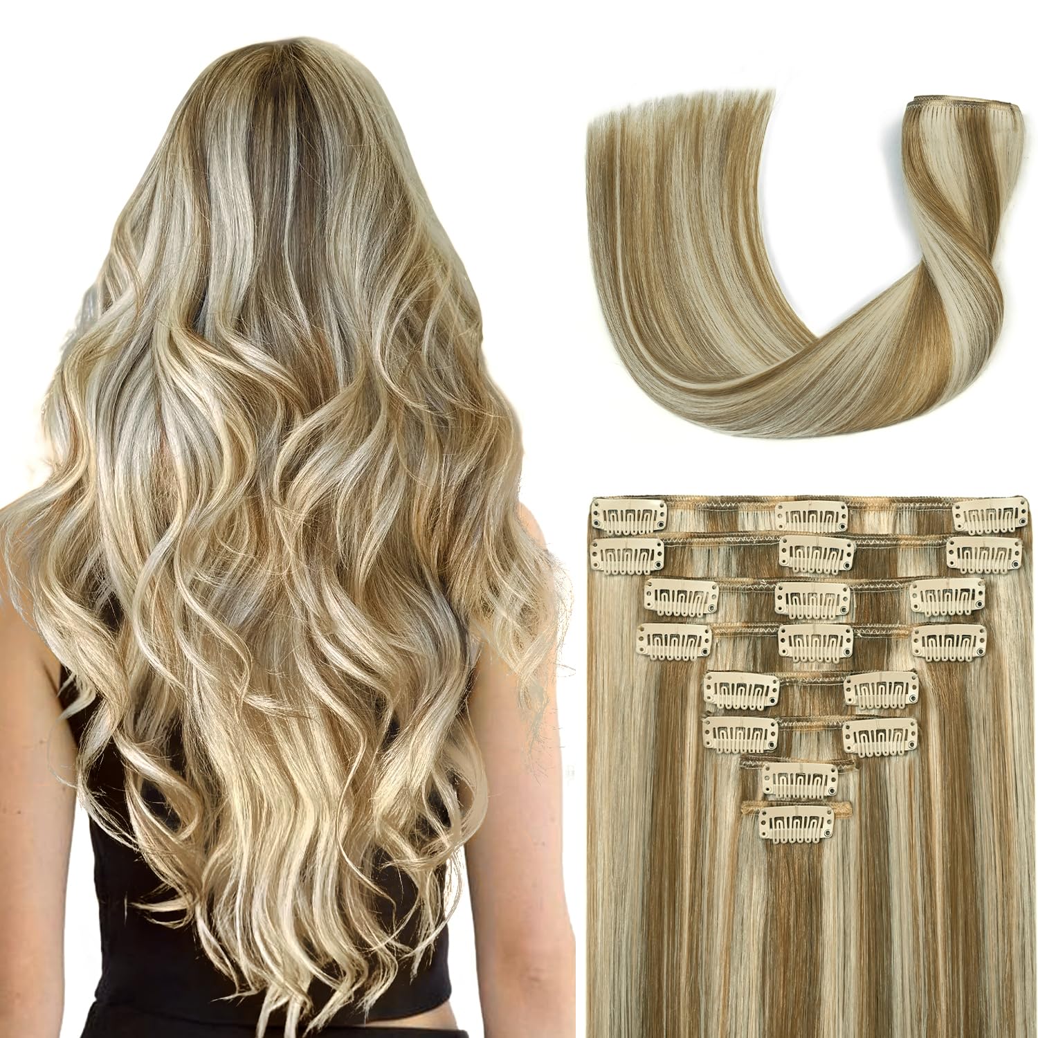 Clip in Hair Extensions Real Human Hair 20Inch 8pcs 105g Seamless Balayage Blonde Hair Extensions Clip Ins Double Weft Light Blonde Highlight Golden Blonde Invisible Straight Remy Human Hair for Women