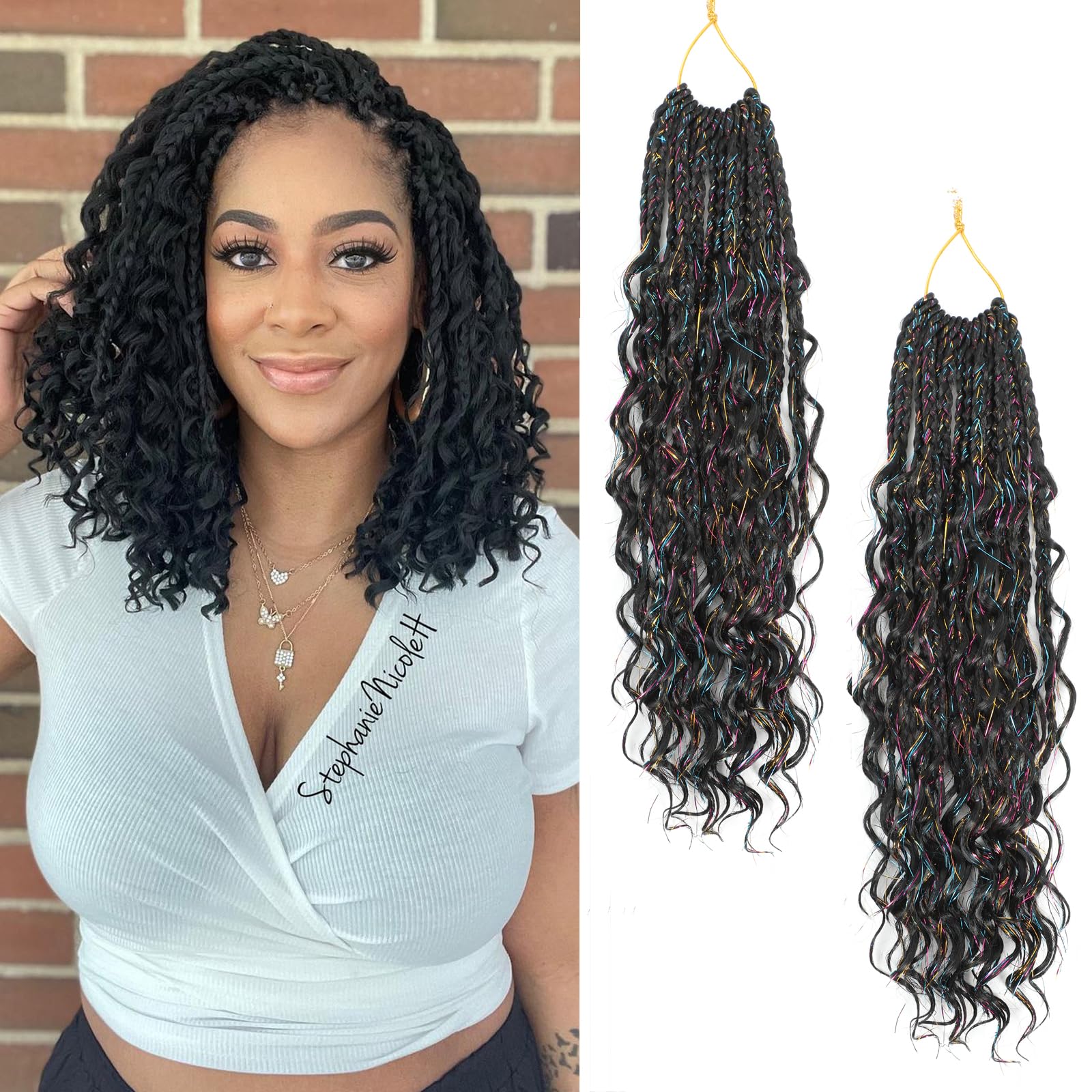 2 Packs Crochet Braids Hair Extensions 14 Inch Pre-Looped Crochet Hair Extensions for Black Women Boho Braid with Curly Ends Goddess Braid Extensions Hair(1B-Tinsel#) — image 1
