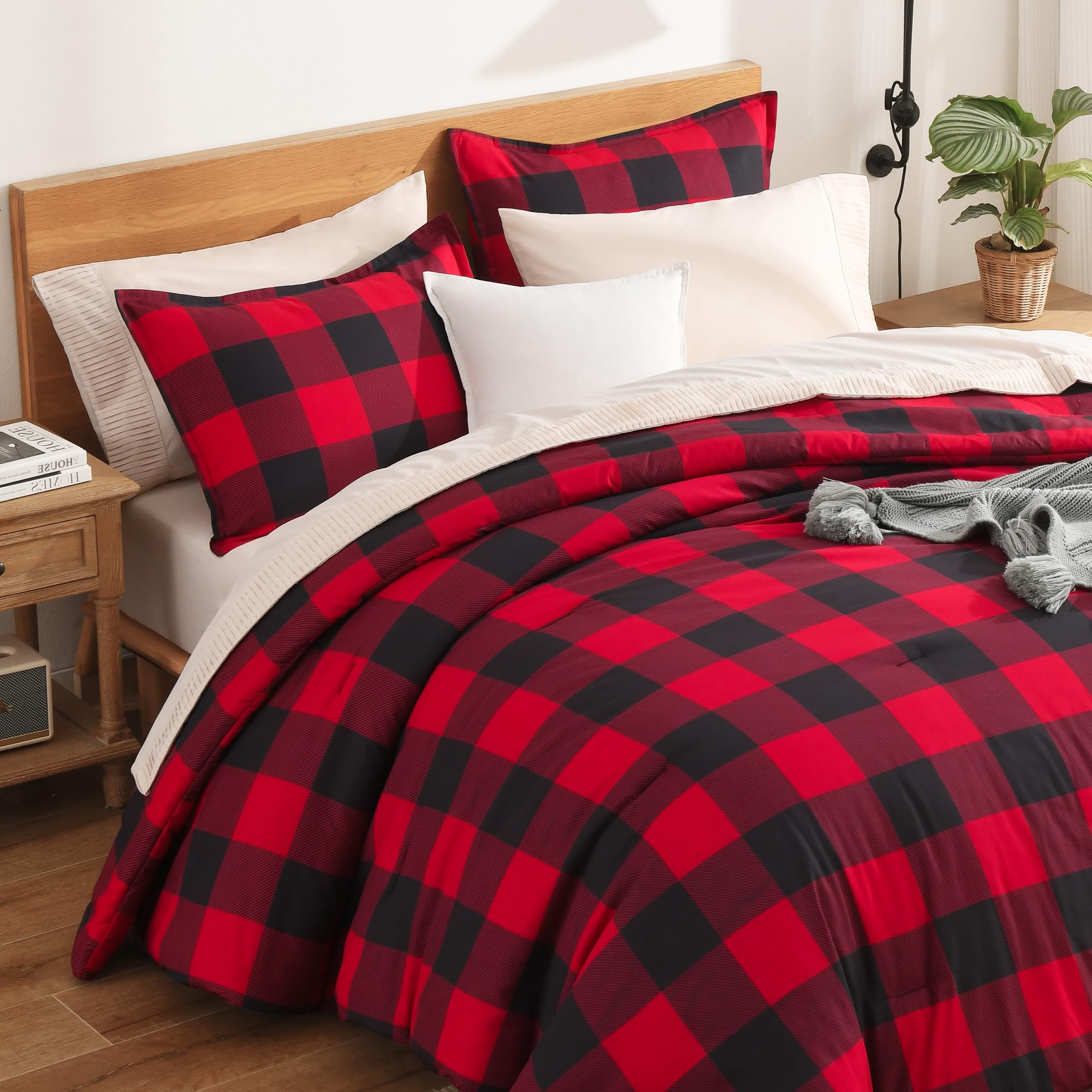 Photo 1 of Andency Red and Black Plaid Comforter Set Twin(66x90Inch), 2 Pieces Buffalo Plaid Checkered Gingham Bedding Comforter Sets, Soft Burgundy Lightweight Geometric Down Alternative Bed Set