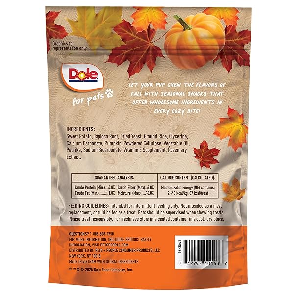 DOLE FOR PETS DOG CHEWS, PUP-KIN SPICE FLAVOR DOG TREATS – PUMPKIN FLAVORED WITH REAL FRUITS, NO WHEAT, CORN, SOY, ARTIFICIAL FLAVORS, COLORS, OR PRESERVATIVES, 7.5 OUNCE