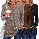 Sweetyweee 3 Pack Womens Long Sleeve Shirts V Neck Tunic Tops Loose Fit Lightweight Sweaters Basic Casual Fall Clothes