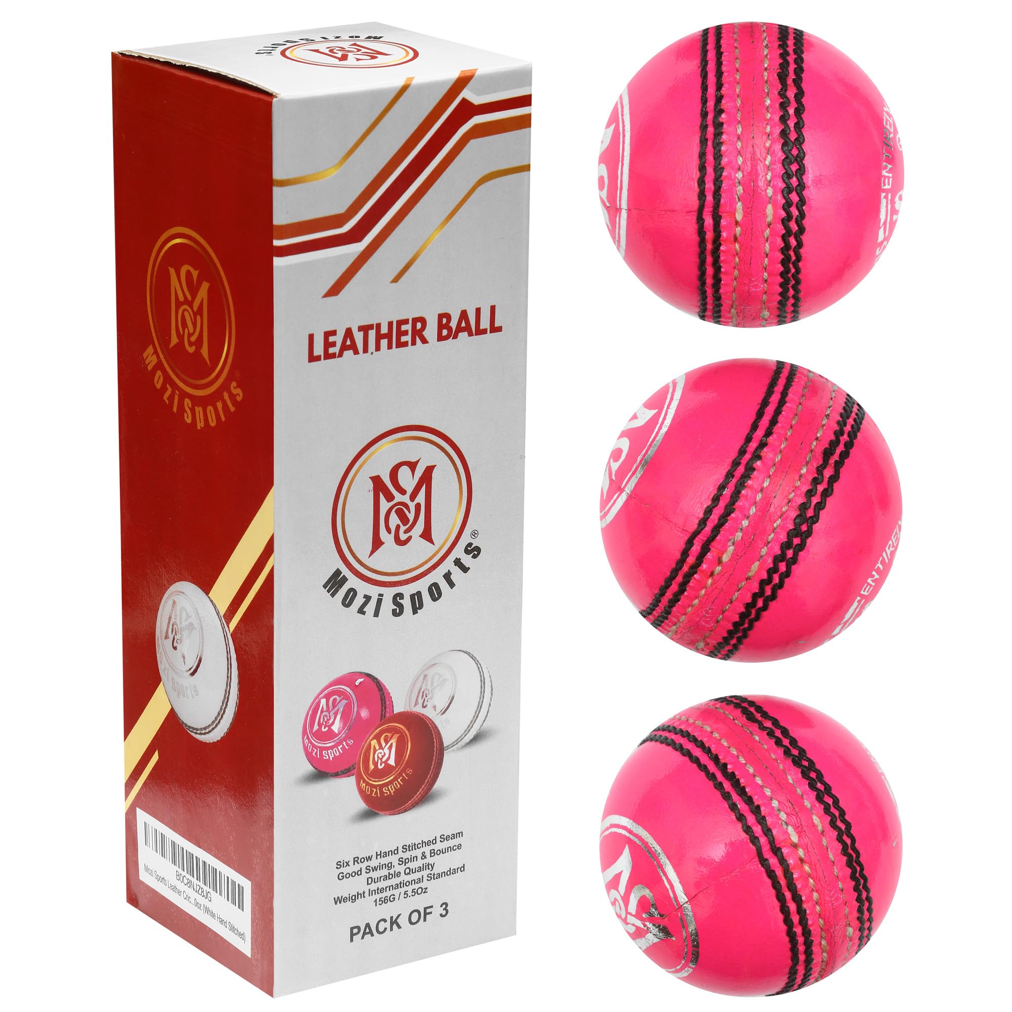 Mozi Sports® Leather Cricket Ball Senior Hand Stitched Match Quality Balls Weight 5.50oz (3x Pink H-Stitched)