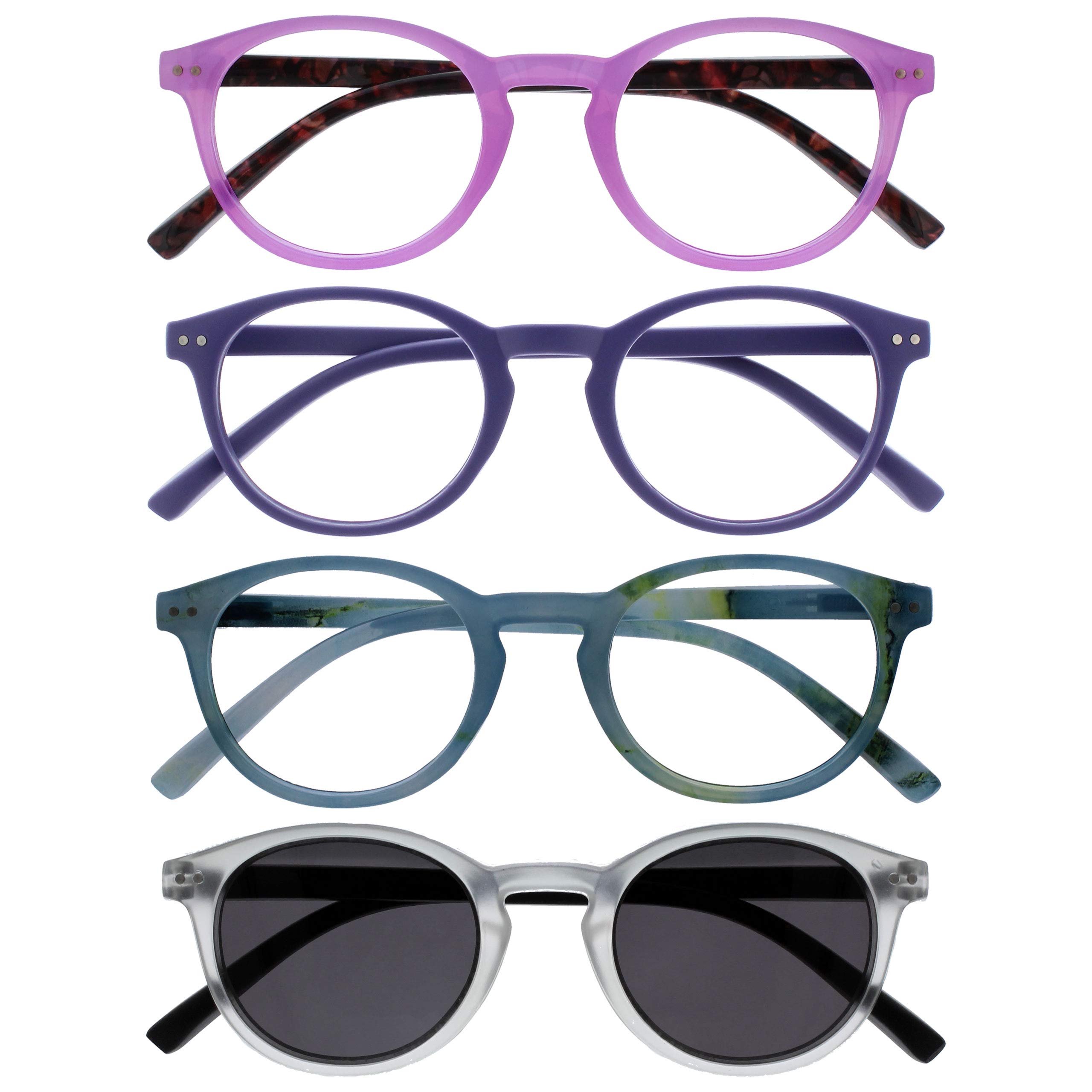 OPULIZE Zen 4 Pack Reading Glasses With Reading Sunglasses Pink Purple Turquoise Crystal Small Mens Womens RRRS24-45QC +2.50