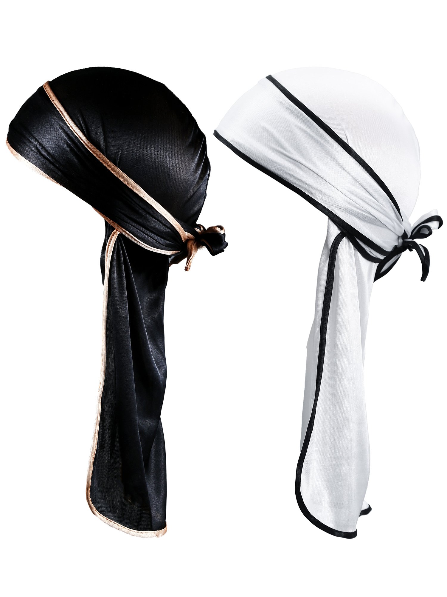 Gejoy Silky Durag Long Tail Headwraps Wide Straps Pirate Cap Smooth Hat (Color Set 1)