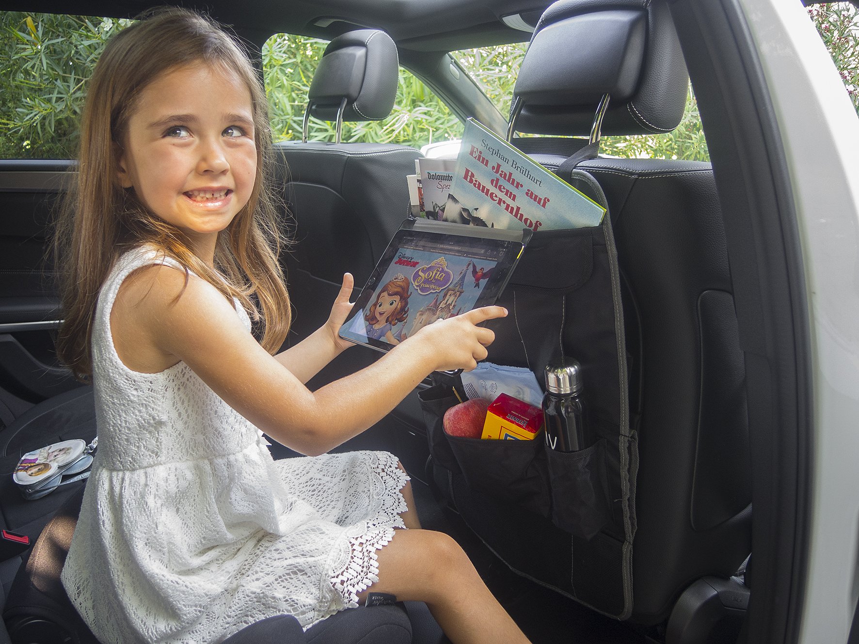 Universal back-seat protector mat tidy organiser | MY CAR CADDY TO GO | kick mats with built in iPAD Tablet holder for child | for cars, camper, SUV, vehicle | protects against scratching | black grey