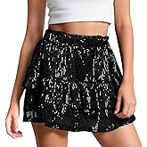 UpFind Women Sequin Skirt Sparkle Elastic High Waist Ruffle Glitter Black Mini Short Skirts Sparkly Concert Outfits for Night Out Club Party, X-Large