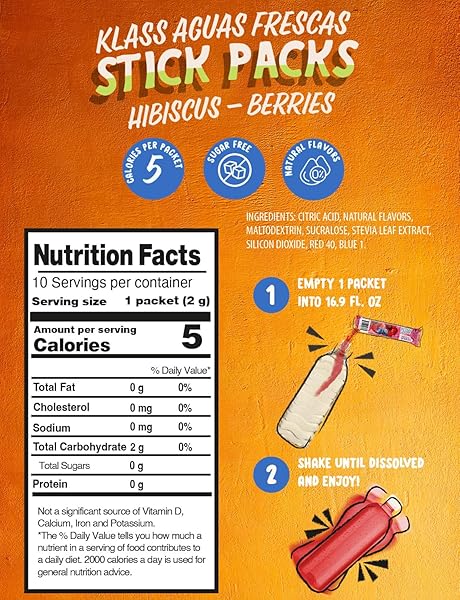 KLASS AGUAS FRESCAS, POWDERED DRINK MIX, 40 SINGLES ZERO SUGAR & CAFFEINE-FREE POWDER PACKETS, WATER DRINK MIX, FLAVOR: HIBISCUS BERRIES – 5 CALORIES PER PACKET & NATURAL FLAVORS