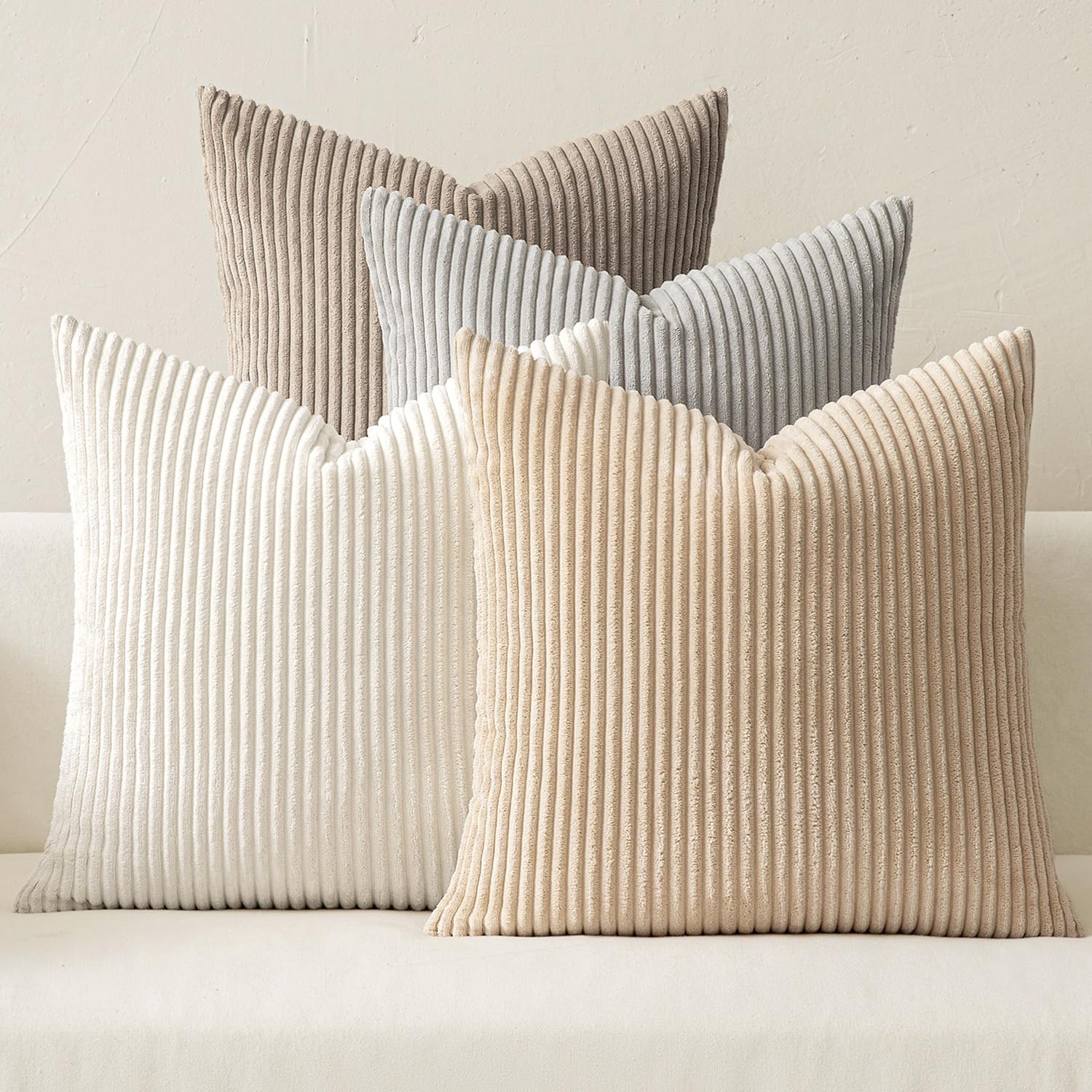 Photo 1 of MIULEE Boho Farmhouse Throw Pillow Covers 18x18 Inch Set of 4 Neutral Tan Decorative Cushion Covers Soft Corduroy Nordic Home Decor for Couch Bed Sofa Living Room