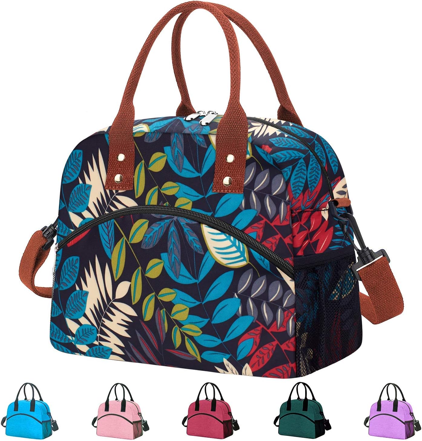 Reusable Large Insulated Durable Cooler Lunch Bag for Women Men Tote Bag with Adjustable Shoulder Strap for Office Work School-Black Leaf