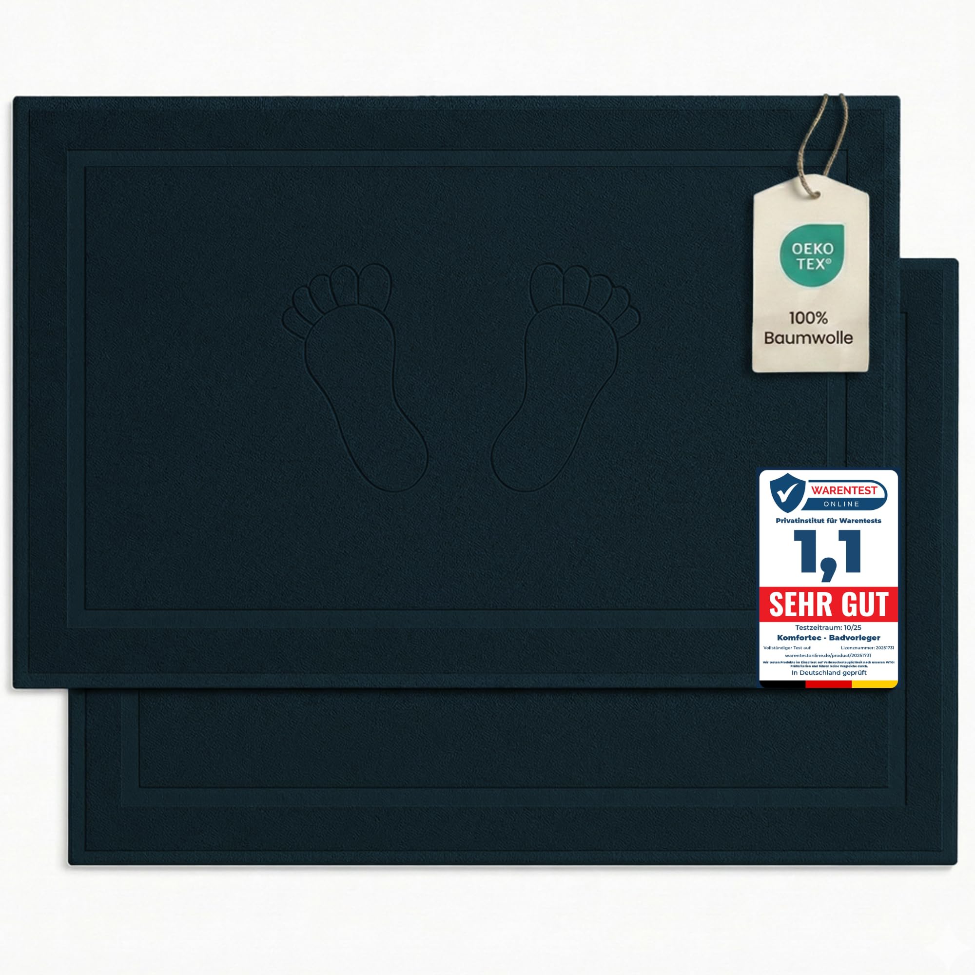 Komfortec Bath Mat Set, 2-Piece Terry Towelling Shower Mat, Washable Shower Mat & Bath Mat, 800 g/m² & 100% Cotton, Absorbent & Quick Drying, 50 x 80 cm, Petrol — image 1