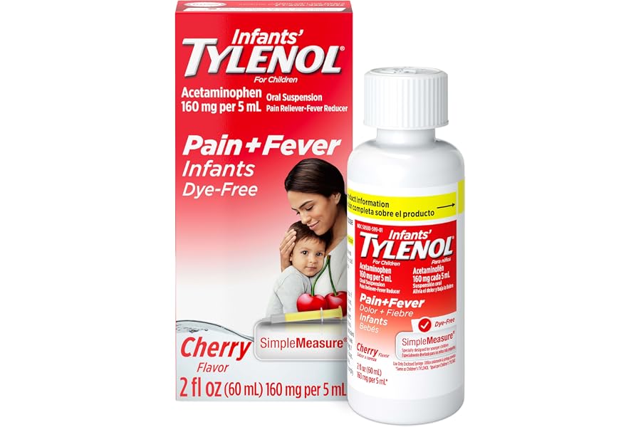 Infants’ Tylenol Dye Free Acetaminophen, Free of Alcohol, Aspirin and Ibuprofen, Oral Suspension, Pain Relief, Fever Reducer, Includes SimpleMeasure Dosing Syringe, Cherry Flavor, 2 Fl Oz